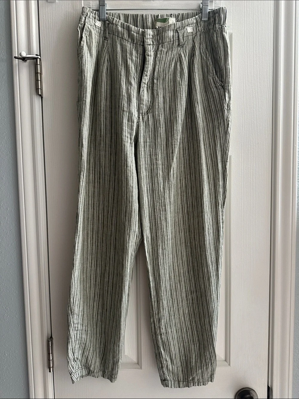 Anthropologie Striped Sage Green 100% Linen Pants Women’s 27 Coastal Boho Beach